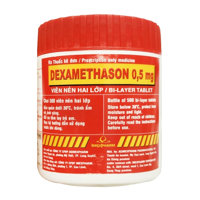 Dexamethason 0.5mg điều trị viêm thấp khớp, hen suyễn, lupus ban đỏ hệ thống- Chai 500 viên nén 2 lớp - Imexpharm
