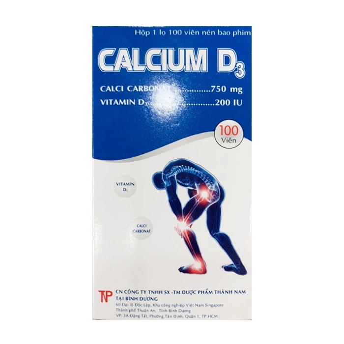 Cailcium D3 750mg/200IU Thành Nam - Hỗ trợ điều trị  và phòng ngừa loãng xương, thiếu hụt calci/Vitamin D (Chai 100 viên)