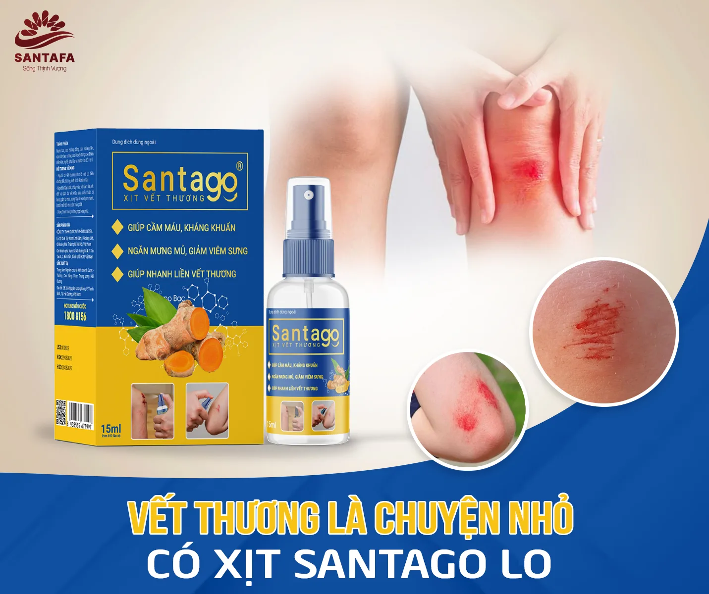 Xịt Vết Thương Santago - Hỗ Trợ Cầm Máu, Kháng Khuẩn & Liền Sẹo Nhanh