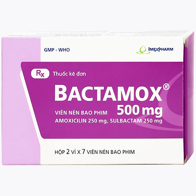 Thuốc Bactamox 500mg Imexpharm điều trị nhiễm khuẩn đường hô hấp dưới, viêm tai giữa (2 vỉ x 7 viên)
