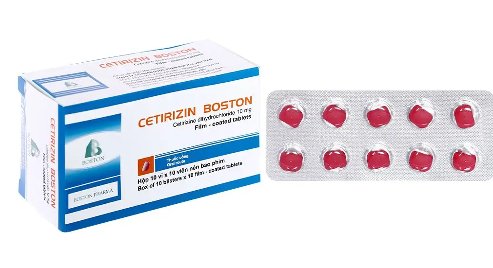 Cetirizin Boston 10mg giảm triệu chứng viêm mũi dị ứng, mày đay (10 vỉ x 10 viên)