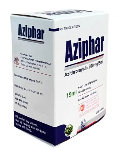 Thuốc Aziphar Mekophar điều trị nhiễm khuẩn đường hô hấp dưới, viêm phế quản cấp (15ml)