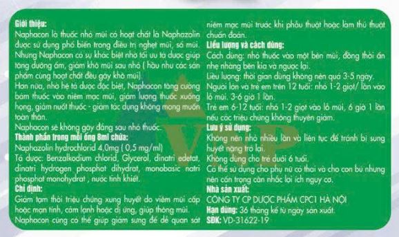 Thuốc nhỏ mũi Naphacon làm giảm tạm thời triệu chứng xung huyết do viêm mũi cấp hoặc mạn tính