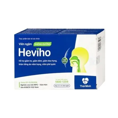 Viên ngậm không đường hỗ trợ giảm ho, giảm đờm, giảm đau họng Heviho Thái Minh hộp 3 vỉ x 6 viên