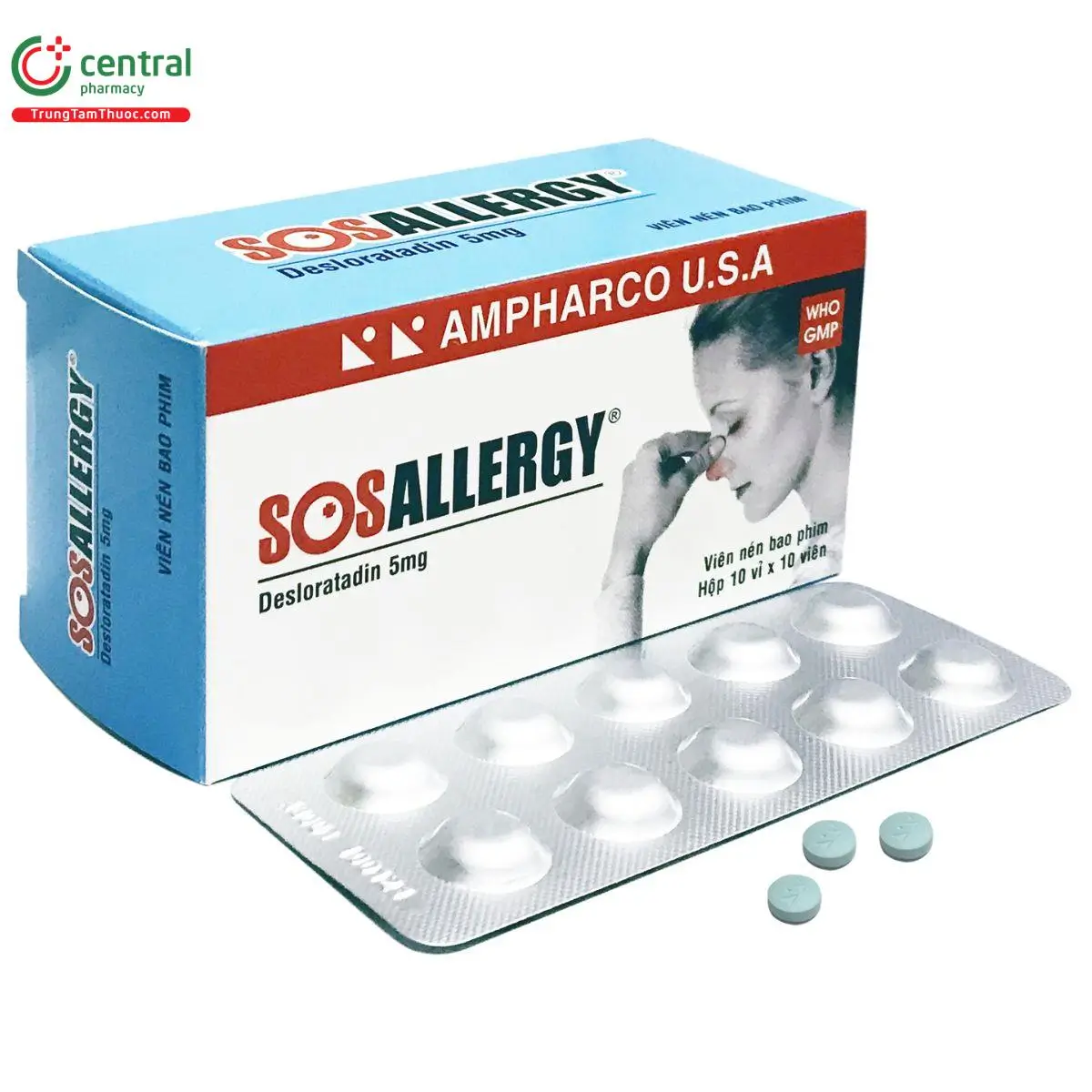 Sosallergy 5mg (viên nén bao phim) Điều trị các triệu chứng viêm mũi dị ứng hay mày đay.