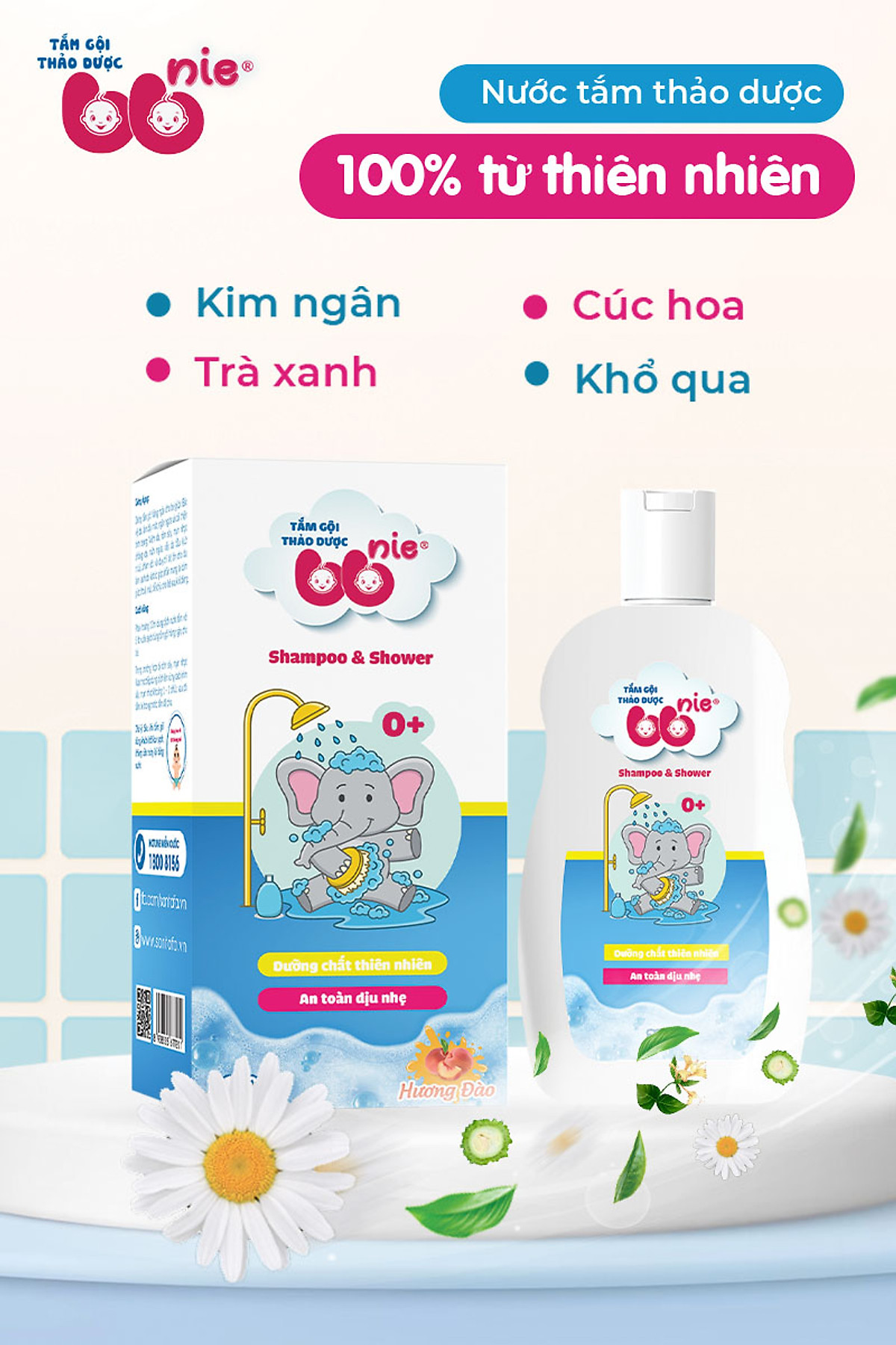 Sữa tắm gội thảo dược 2in1 bb nie làm sạch nhẹ nhàng, giảm tình trạng rôm sảy ở da em bé